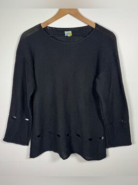 CUBIX Women’s Lagenlook Black Linen Blend Sweater Cutout Detail Sz S